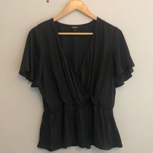 Express Silky Flutter Sleeve Deep V Wrap Peplum